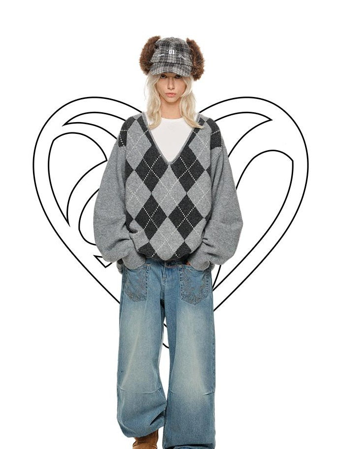 1JINN STUDIO Diamond V-neck Relaxed Fit Office Workwear Two Piece Knit Pullovers