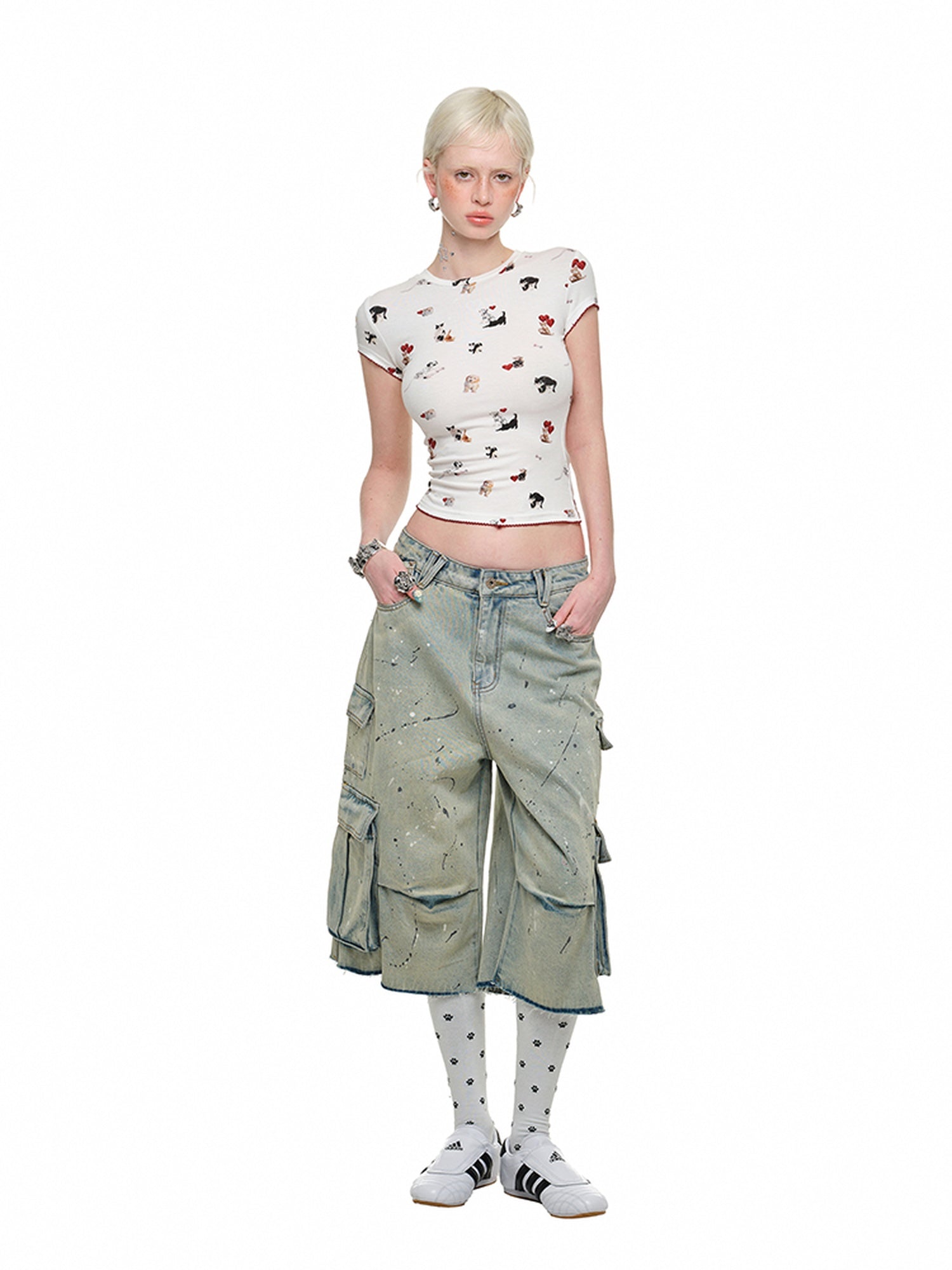 1JINN STUDIO Distressed Embroidered Animal Print Casual Low Rise Relaxed Fit Wide Leg Pants
