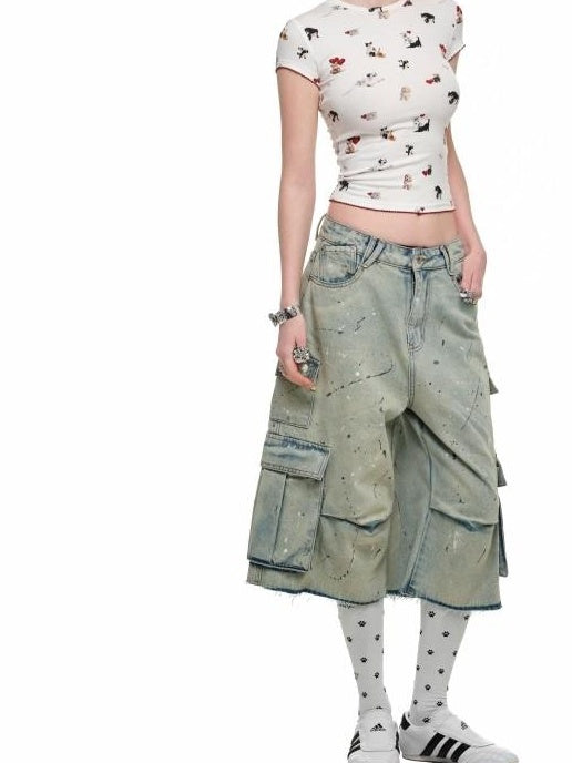 1JINN STUDIO Distressed Embroidered Animal Print Casual Low Rise Relaxed Fit Wide Leg Pants