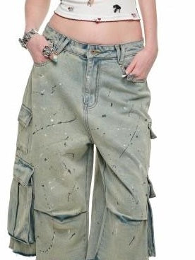 1JINN STUDIO Distressed Embroidered Animal Print Casual Low Rise Relaxed Fit Wide Leg Pants