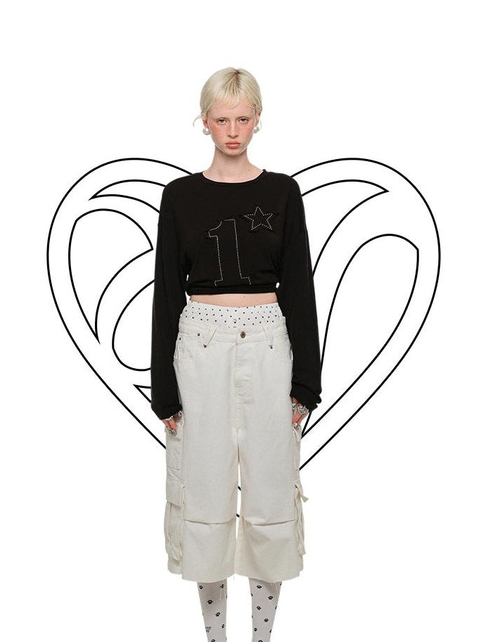1JINN STUDIO Distressed Embroidered Animal Print Casual Low Rise Relaxed Fit Wide Leg Pants
