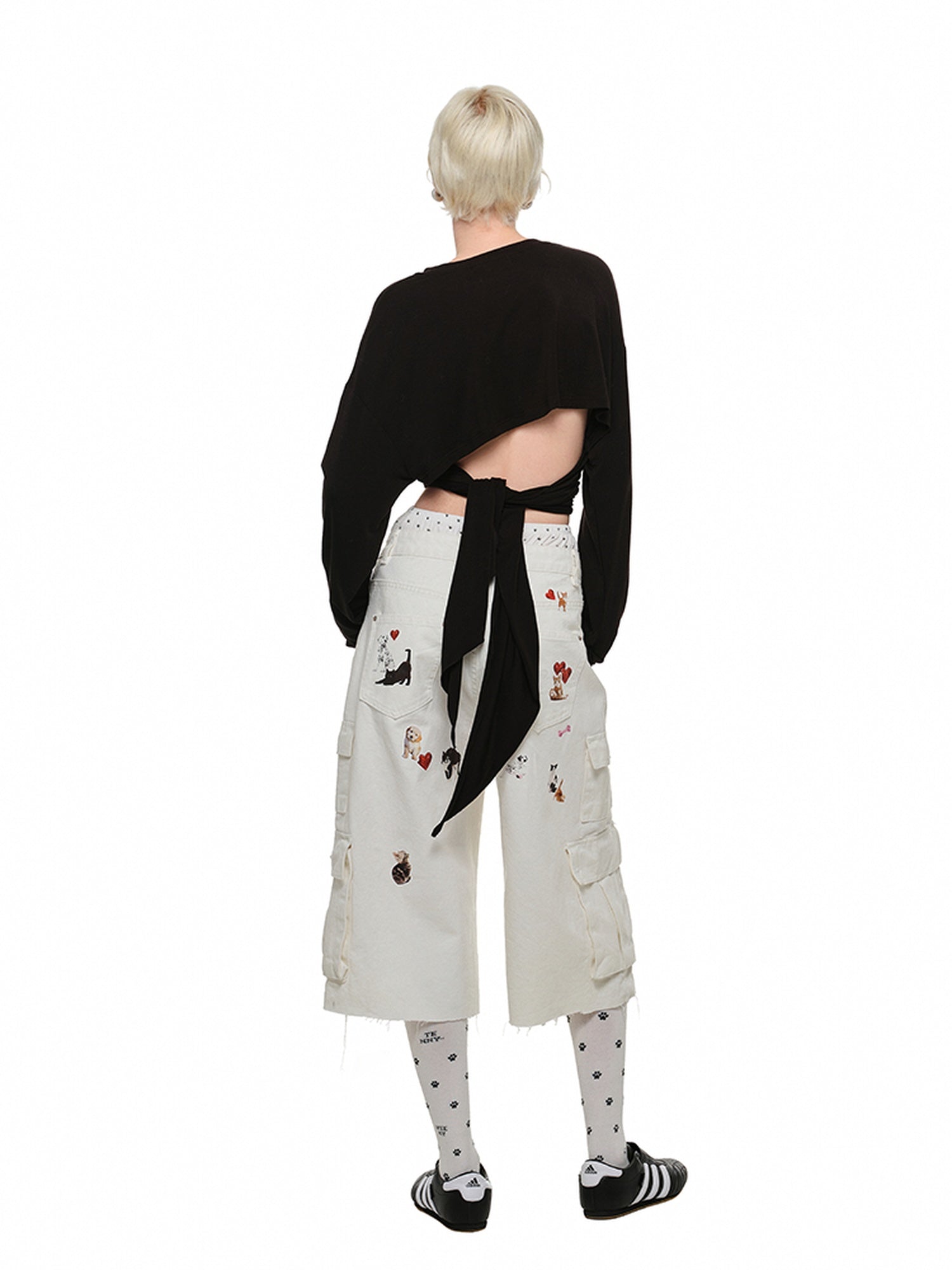 1JINN STUDIO Distressed Embroidered Animal Print Casual Low Rise Relaxed Fit Wide Leg Pants