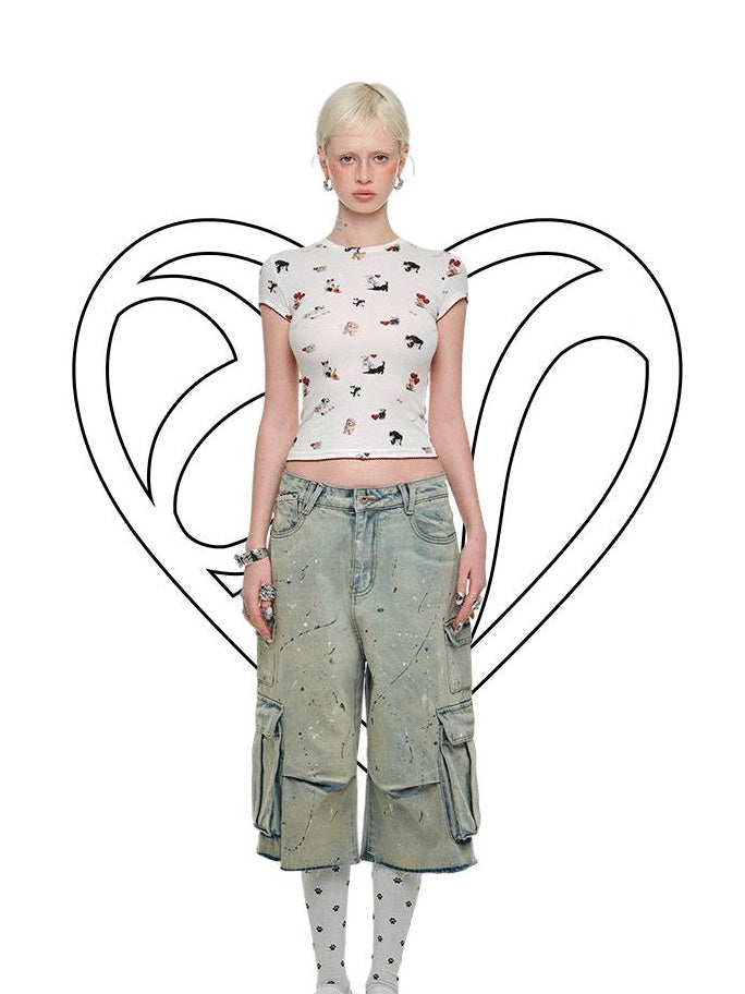 1JINN STUDIO Distressed Embroidered Animal Print Casual Low Rise Relaxed Fit Wide Leg Pants
