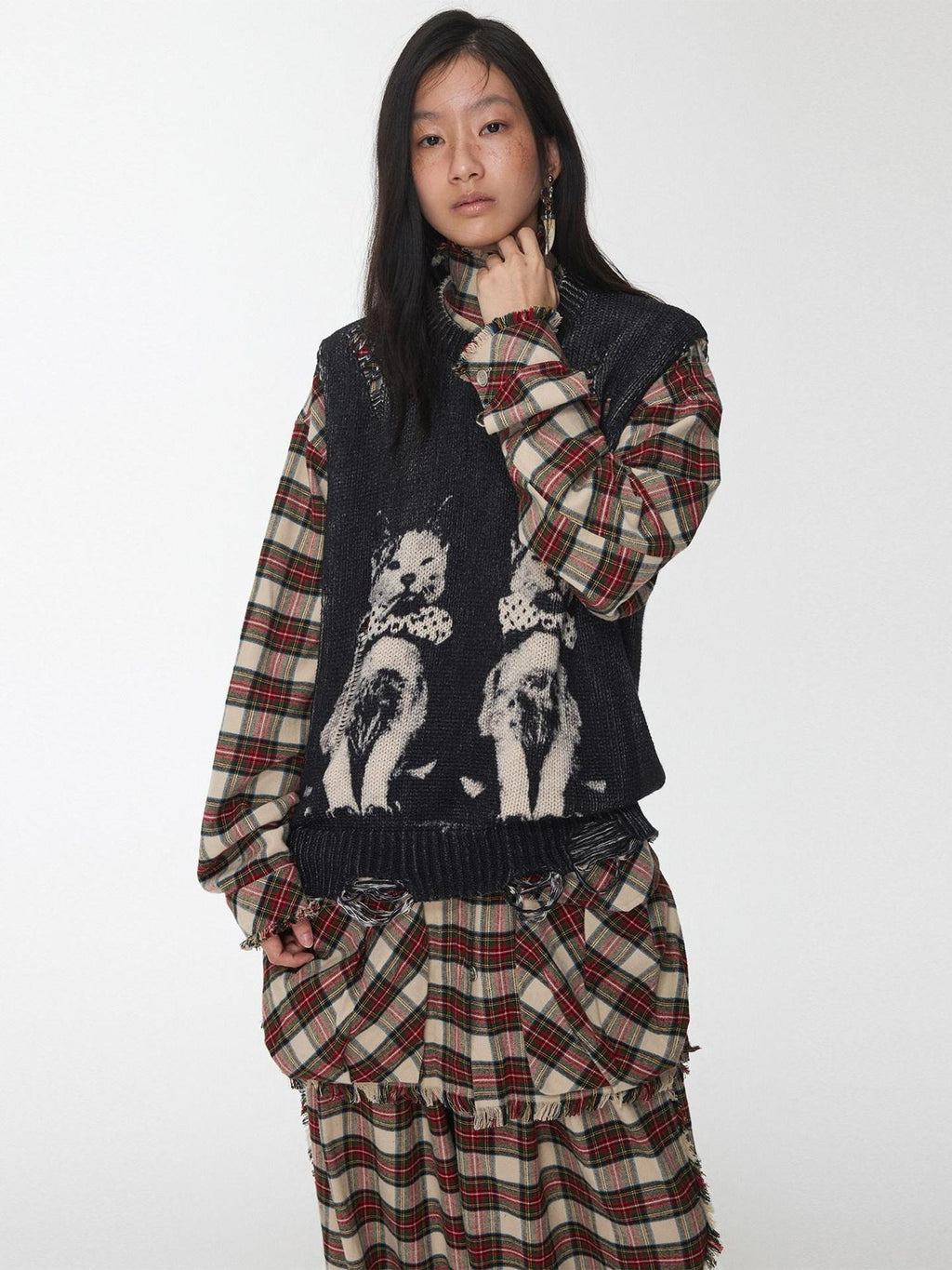 1JINN STUDIO Distressed Hooded Cotton Pullover Street Girls Black Knit Zipper Sweater Vests