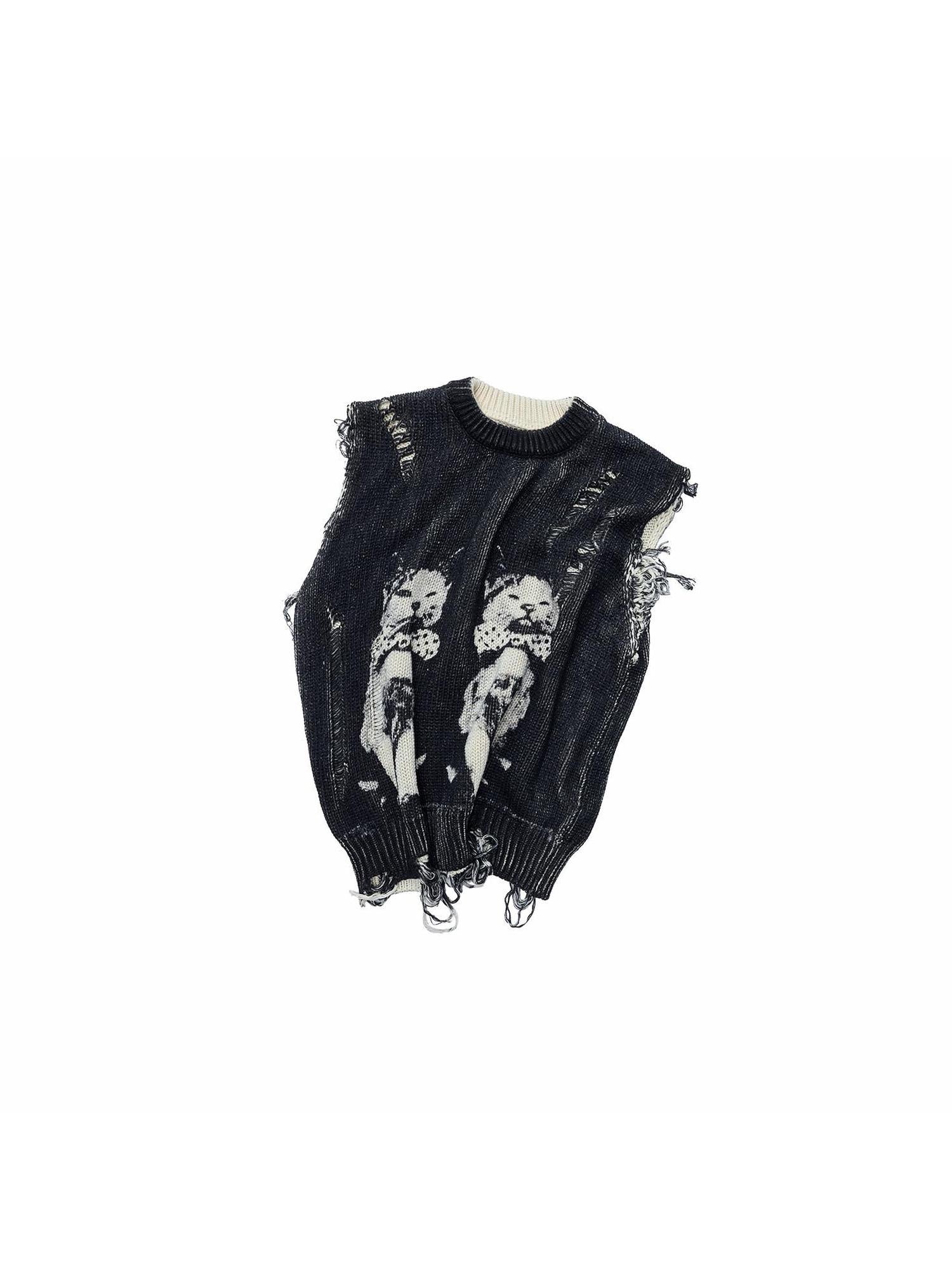 1JINN STUDIO Distressed Hooded Cotton Pullover Street Girls Black Knit Zipper Sweater Vests