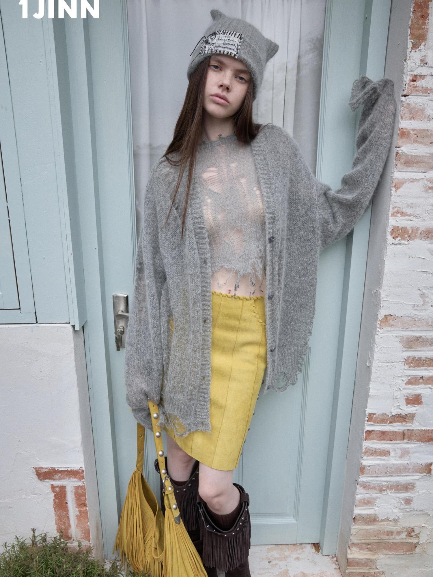 1JINN STUDIO Distressed Letter Knit Button Front Casual Crewneck Layering Women Cardigans