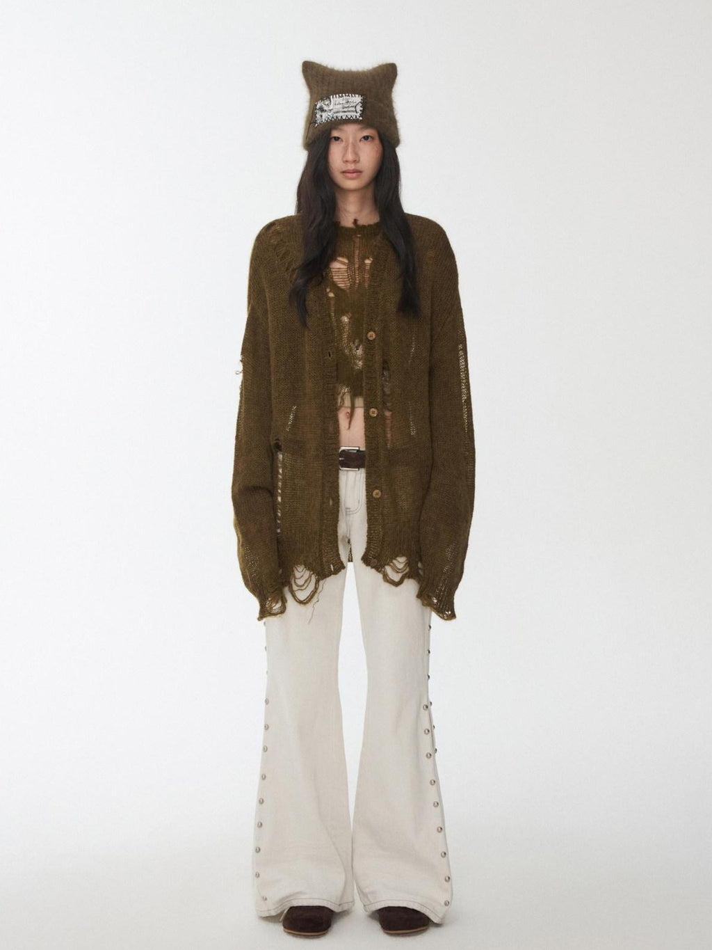 1JINN STUDIO Distressed Letter Knit Button Front Casual Crewneck Layering Women Cardigans