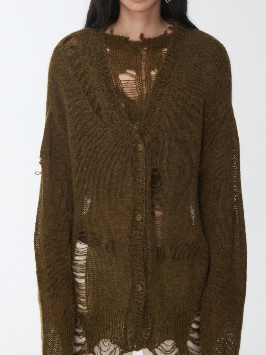 1JINN STUDIO Distressed Letter Knit Button Front Casual Crewneck Layering Women Cardigans