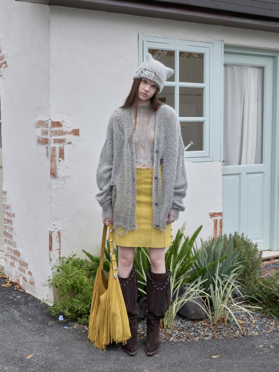 1JINN STUDIO Distressed Letter Knit Button Front Casual Crewneck Layering Women Cardigans