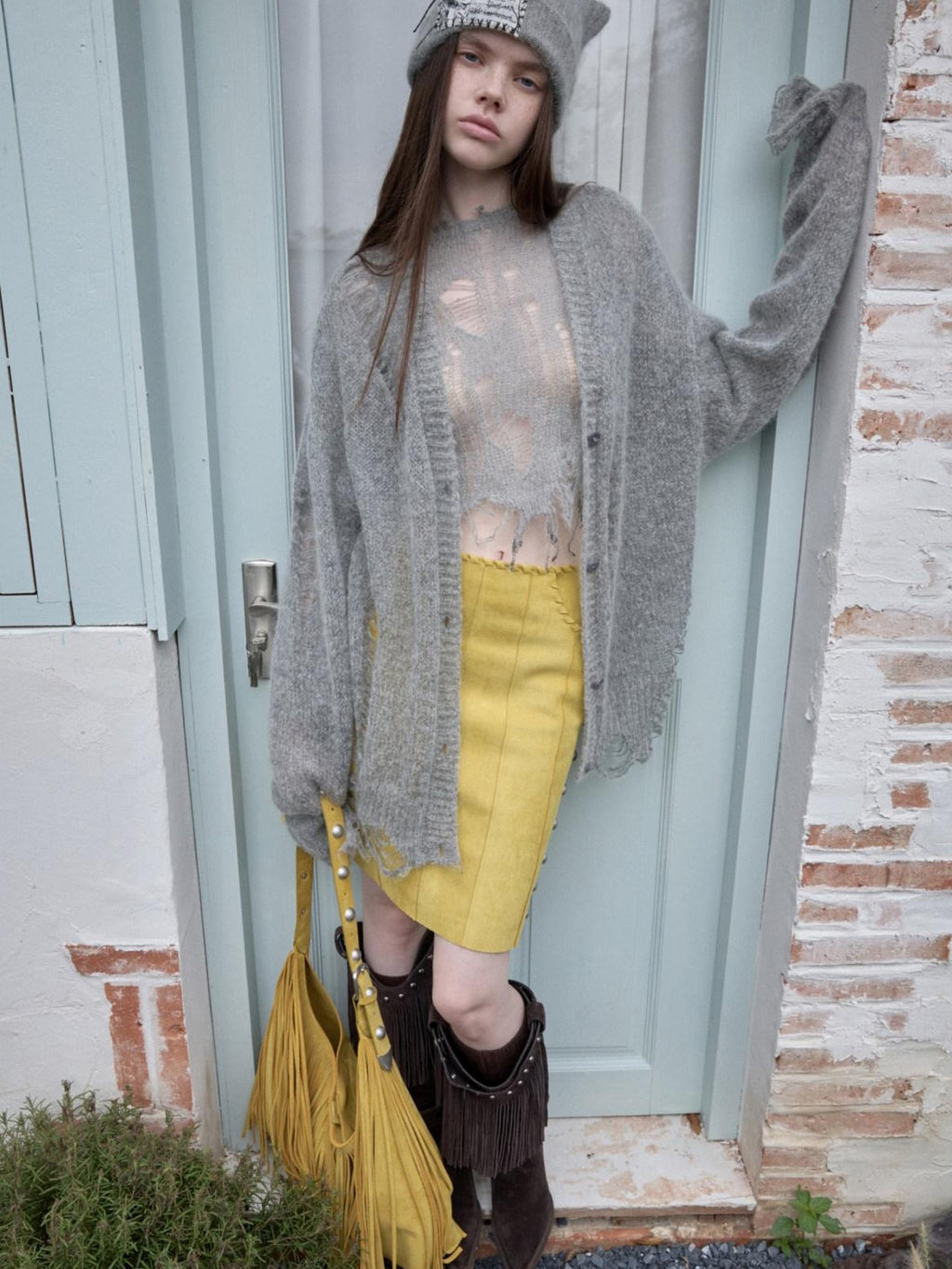 1JINN STUDIO Distressed Letter Knit Button Front Casual Crewneck Layering Women Cardigans