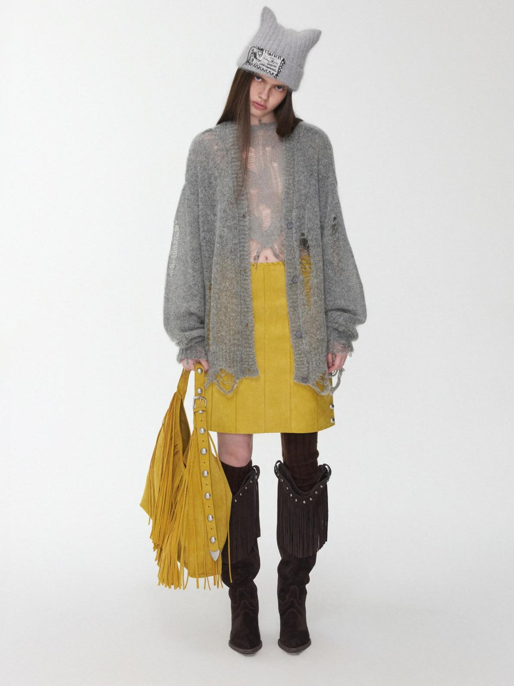 1JINN STUDIO Distressed Letter Knit Button Front Casual Crewneck Layering Women Cardigans