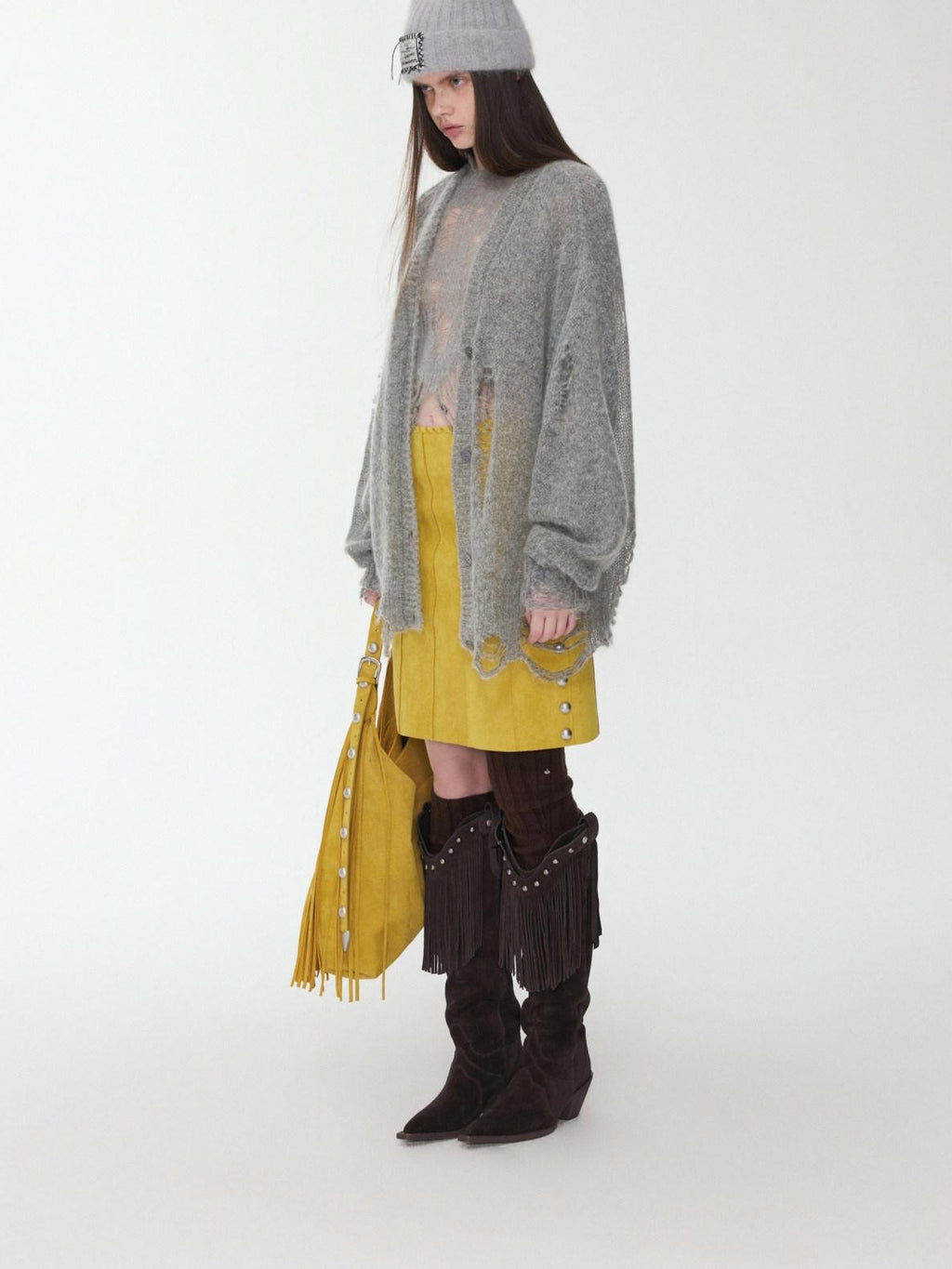 1JINN STUDIO Distressed Letter Knit Button Front Casual Crewneck Layering Women Cardigans