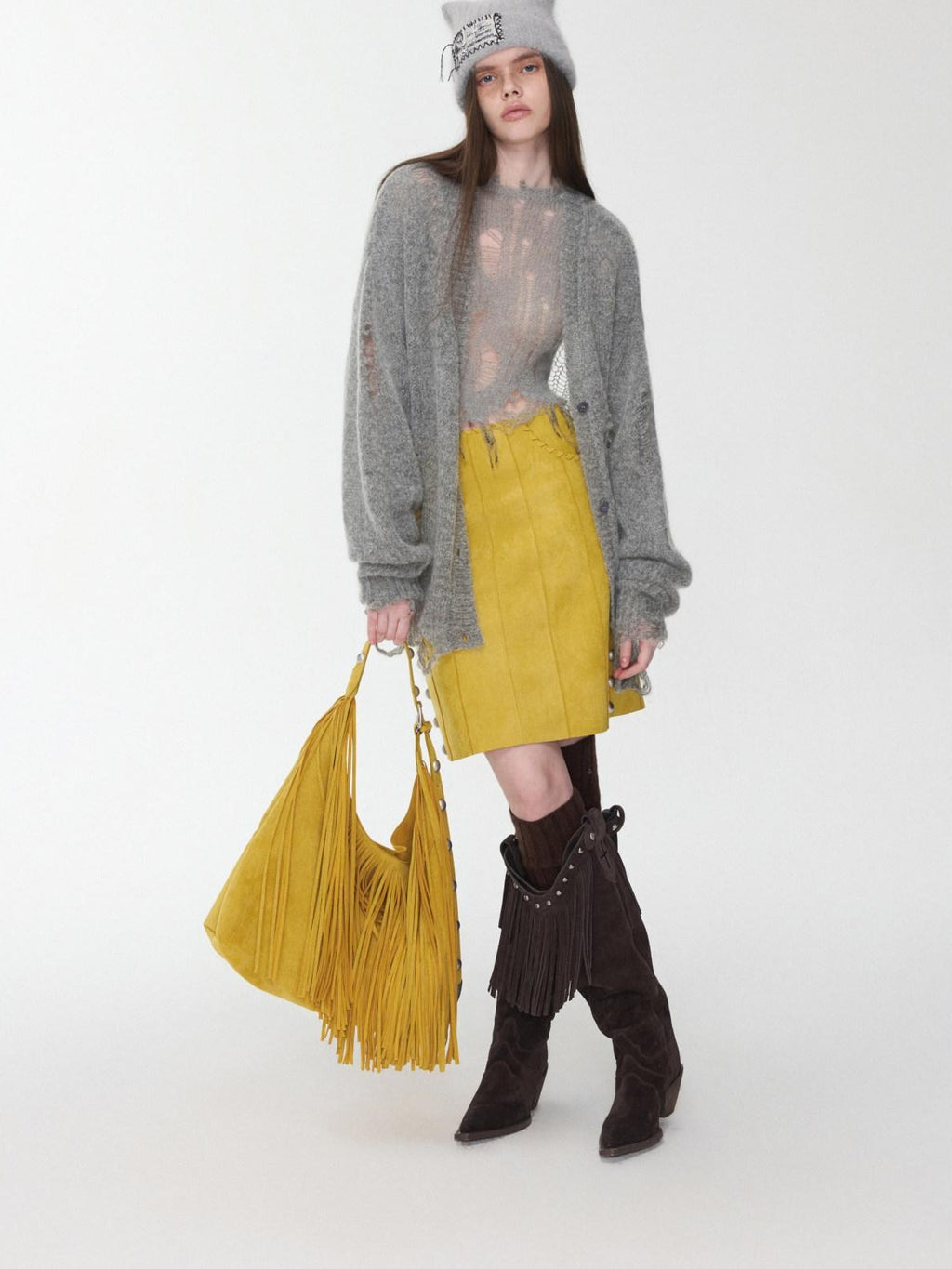 1JINN STUDIO Distressed Letter Knit Button Front Casual Crewneck Layering Women Cardigans