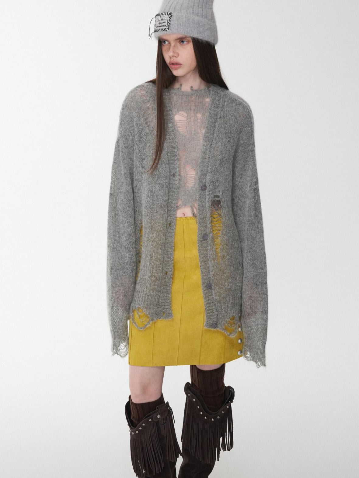 1JINN STUDIO Distressed Letter Knit Button Front Casual Crewneck Layering Women Cardigans
