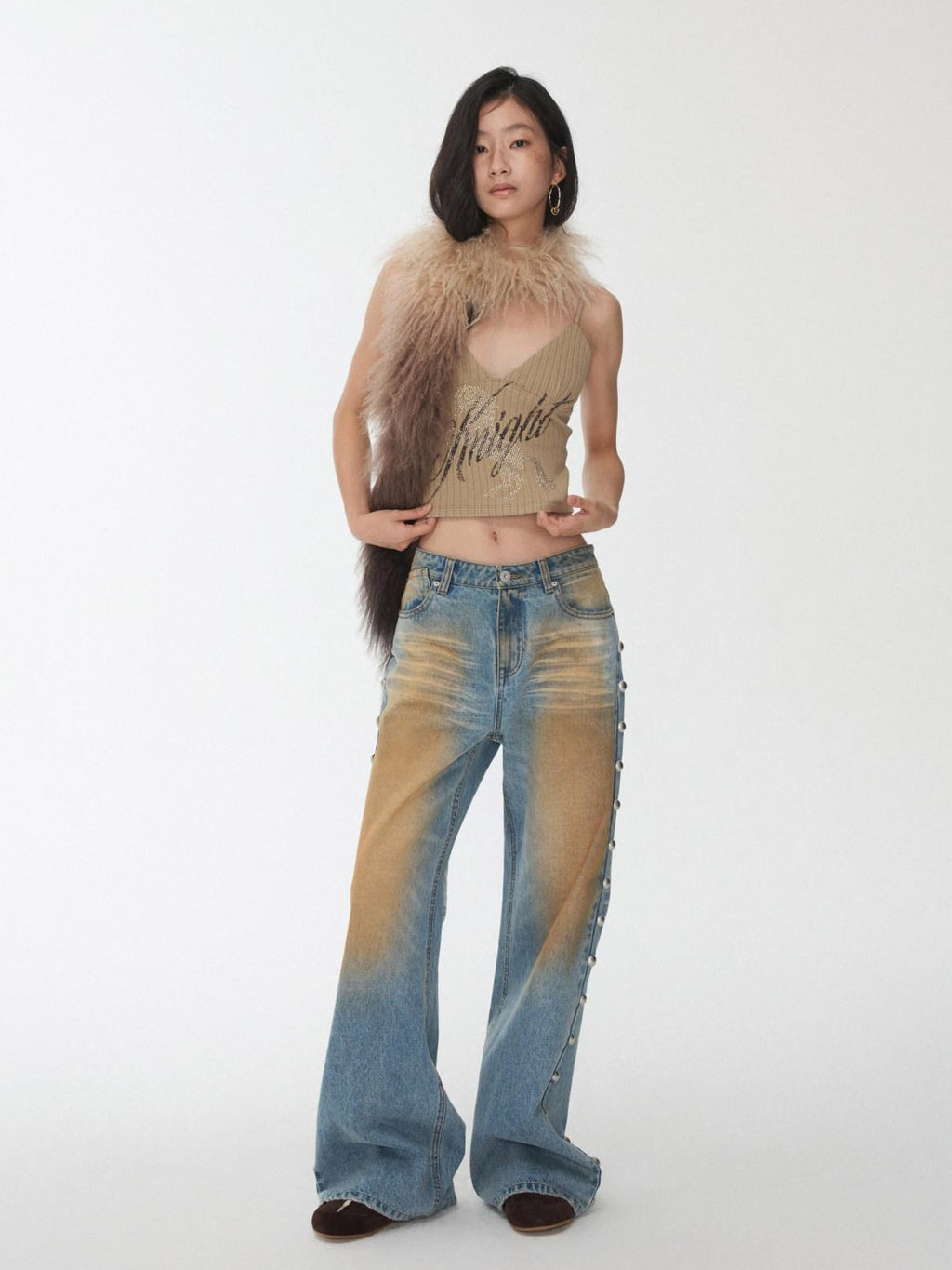 1JINN STUDIO Distressed Low Rise Studded Loose Fit Womens Zip Fly Wide Leg Jeans