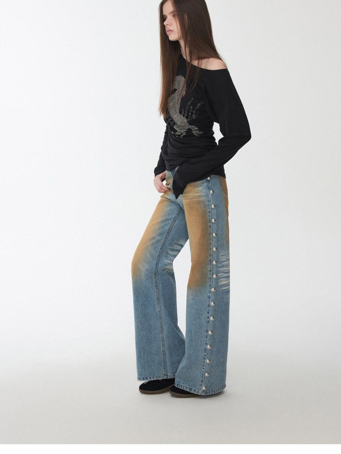 1JINN STUDIO Distressed Low Rise Studded Loose Fit Womens Zip Fly Wide Leg Jeans