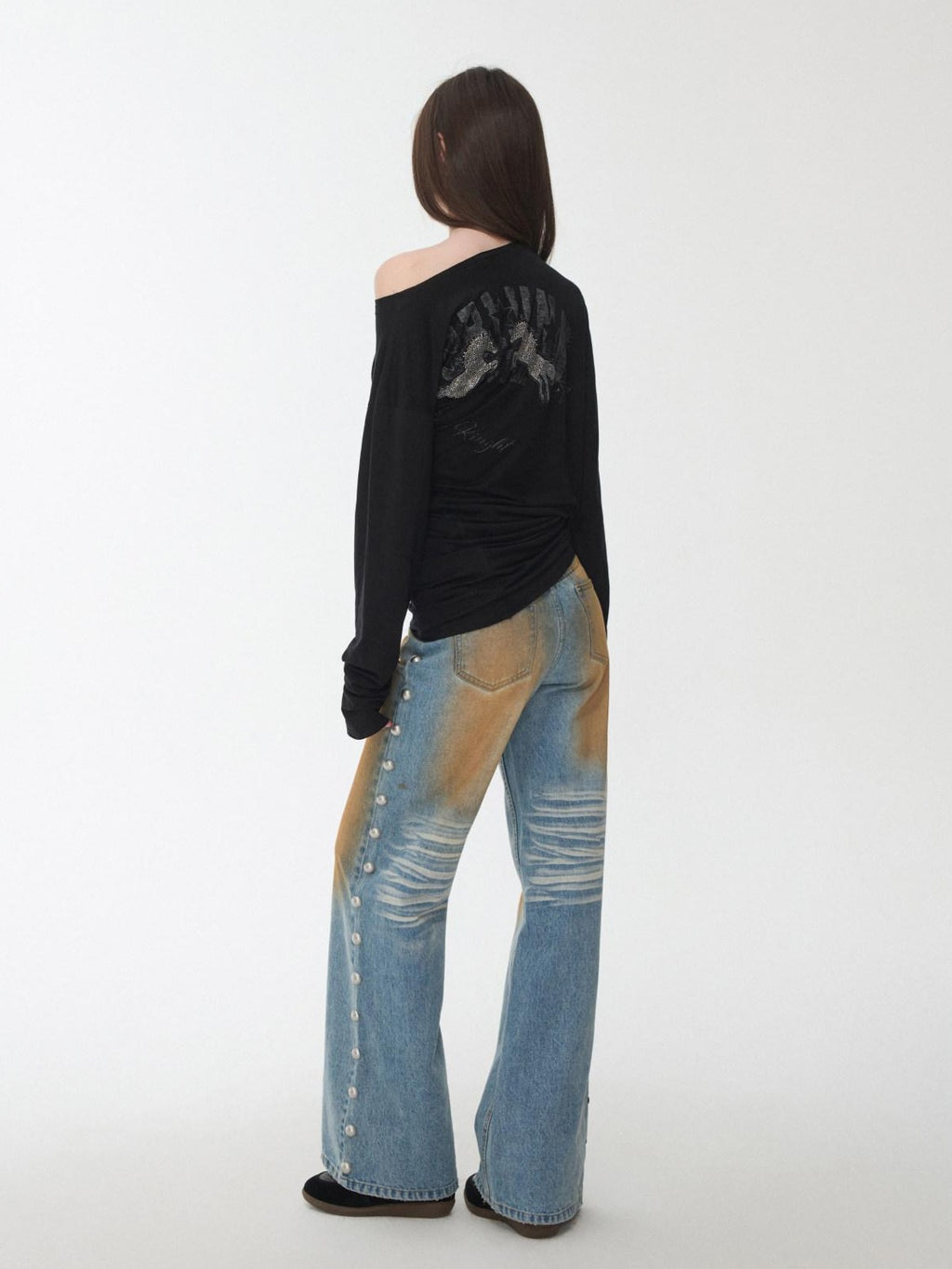 1JINN STUDIO Distressed Low Rise Studded Loose Fit Womens Zip Fly Wide Leg Jeans