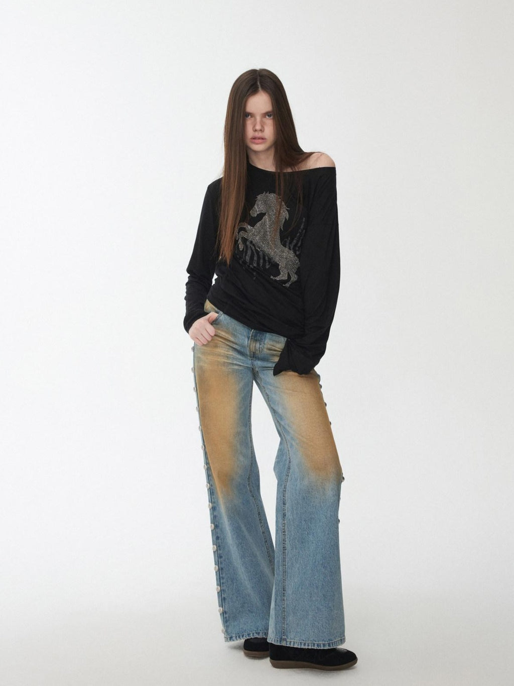 1JINN STUDIO Distressed Low Rise Studded Loose Fit Womens Zip Fly Wide Leg Jeans