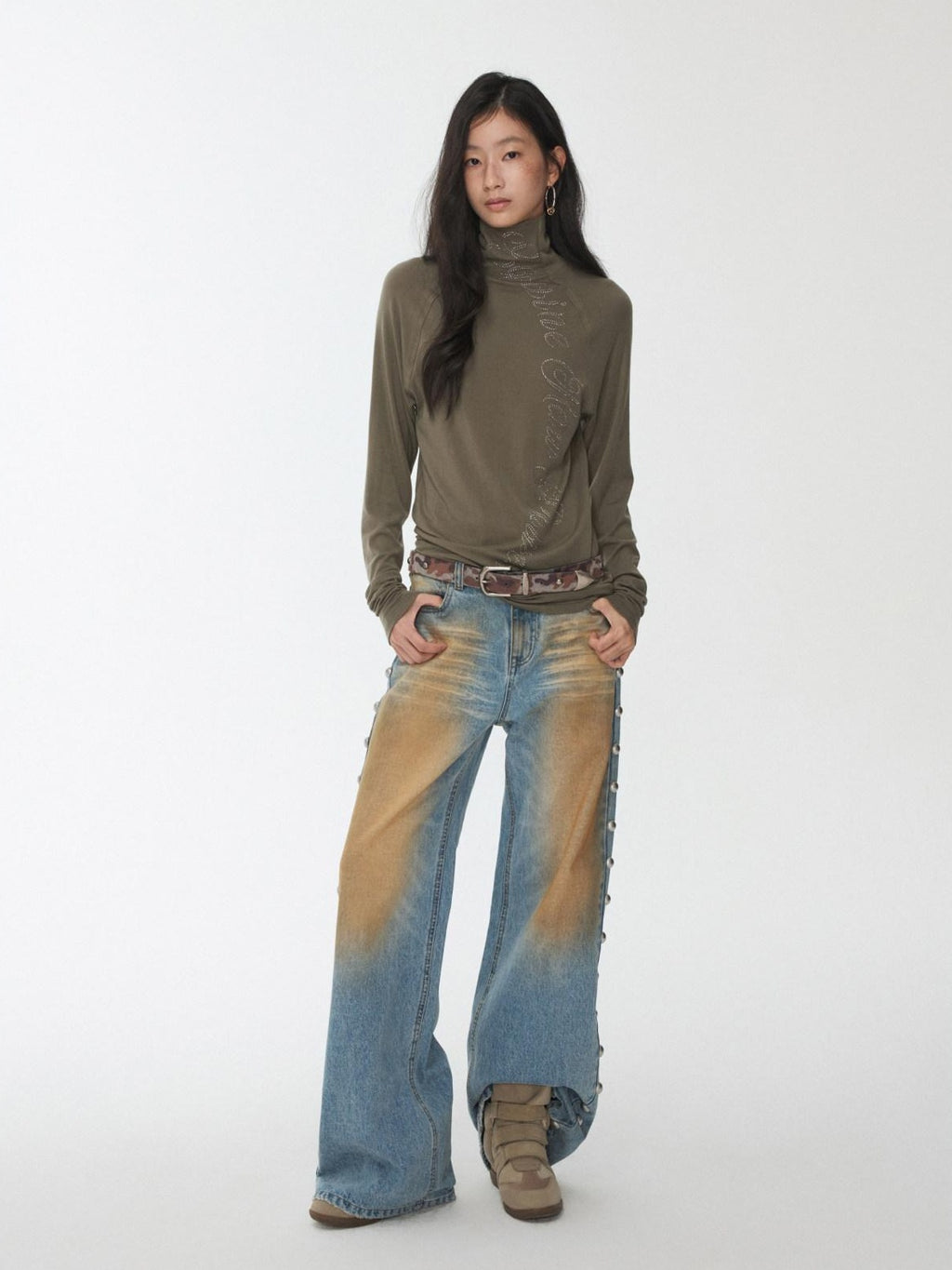1JINN STUDIO Distressed Low Rise Studded Loose Fit Womens Zip Fly Wide Leg Jeans