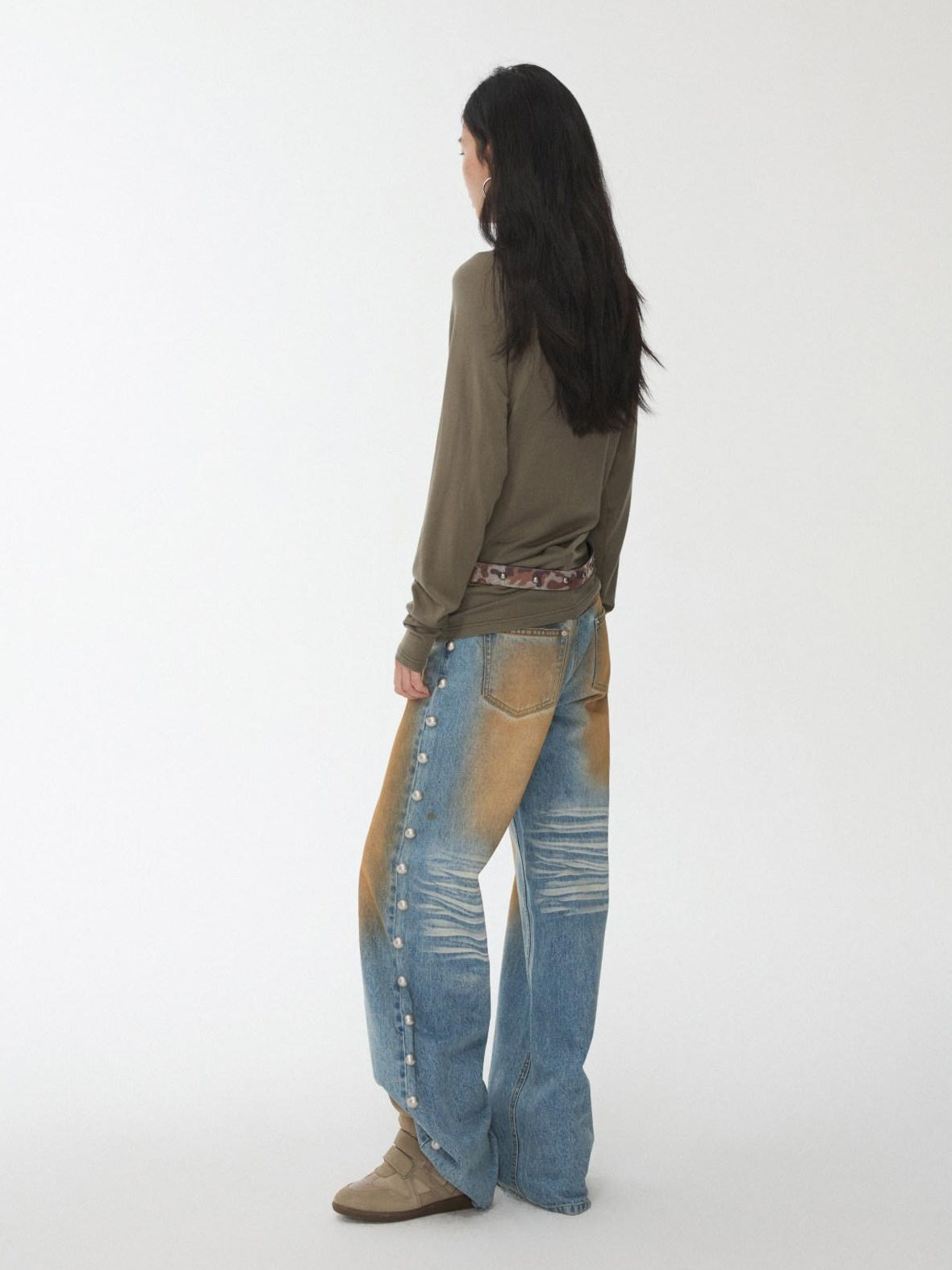 1JINN STUDIO Distressed Low Rise Studded Loose Fit Womens Zip Fly Wide Leg Jeans