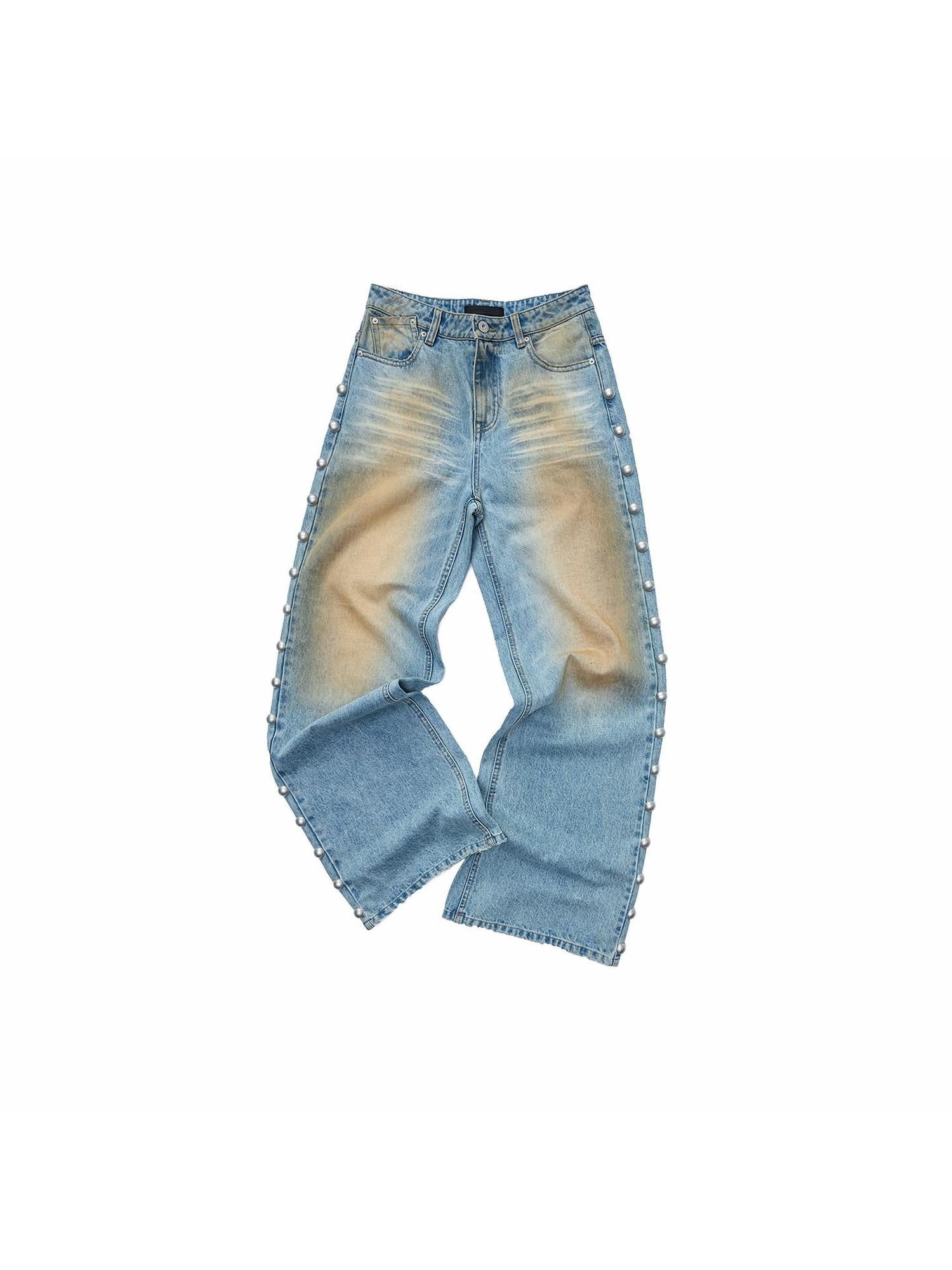 1JINN STUDIO Distressed Low Rise Studded Loose Fit Womens Zip Fly Wide Leg Jeans