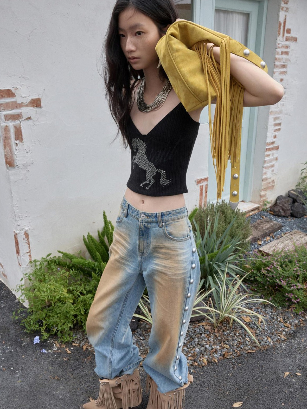 1JINN STUDIO Distressed Low Rise Studded Loose Fit Womens Zip Fly Wide Leg Jeans