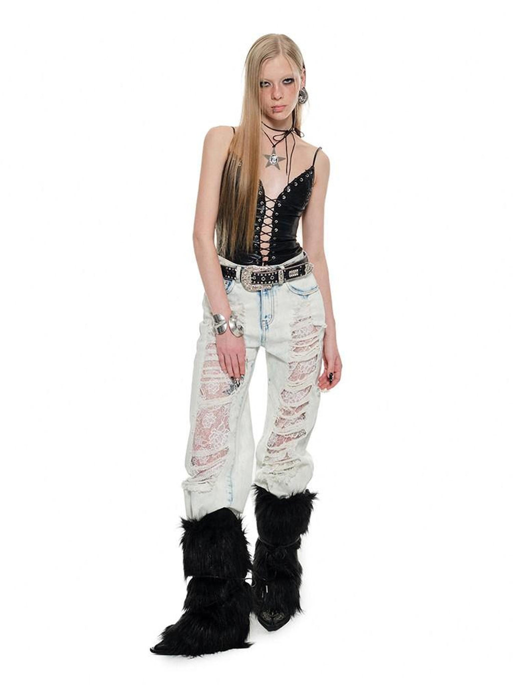 1JINN STUDIO Distressed Low Rise Washed Zipper Fly Non Stretch Women Straight Leg Jeans