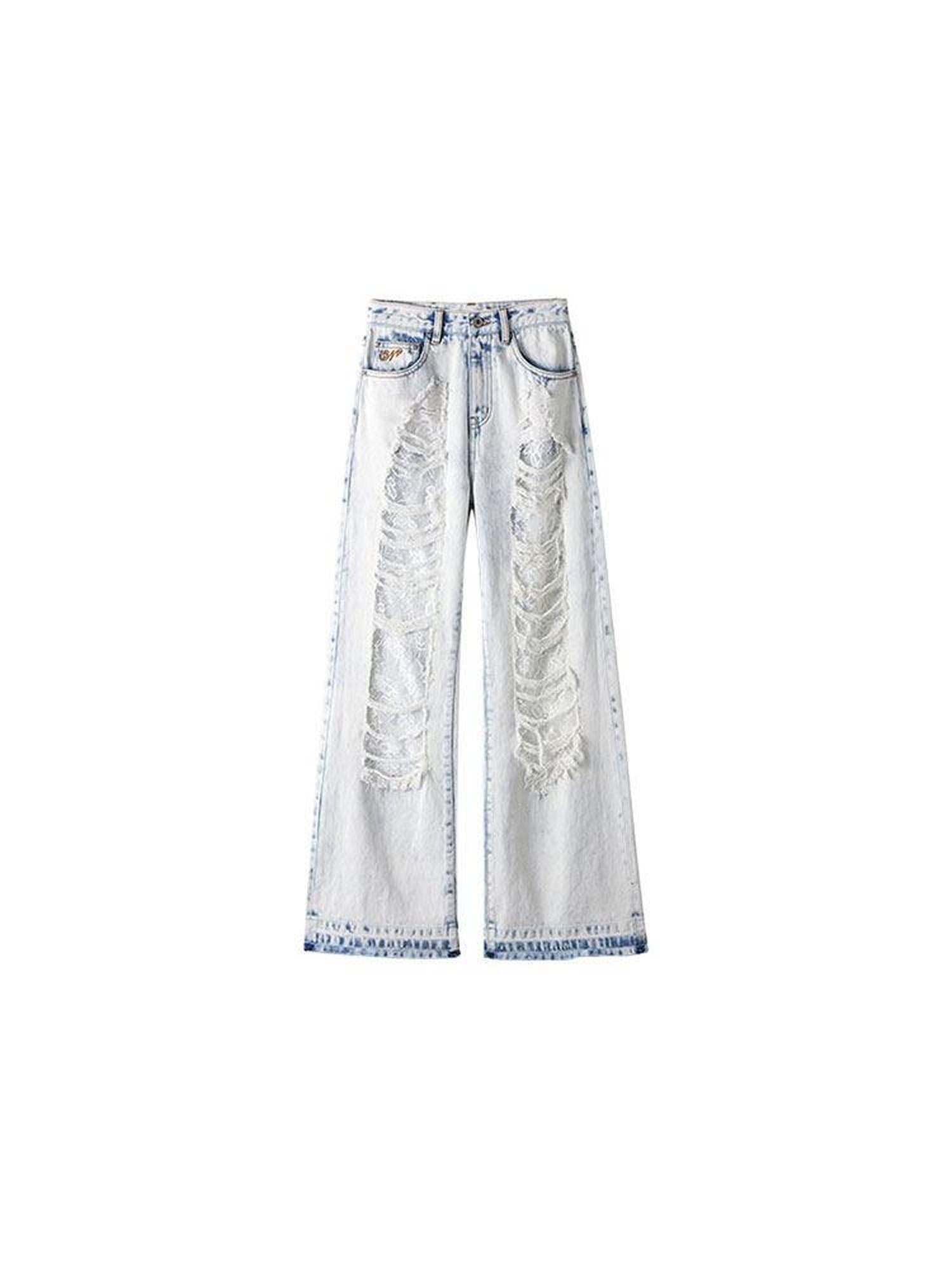 1JINN STUDIO Distressed Low Rise Washed Zipper Fly Non Stretch Women Straight Leg Jeans