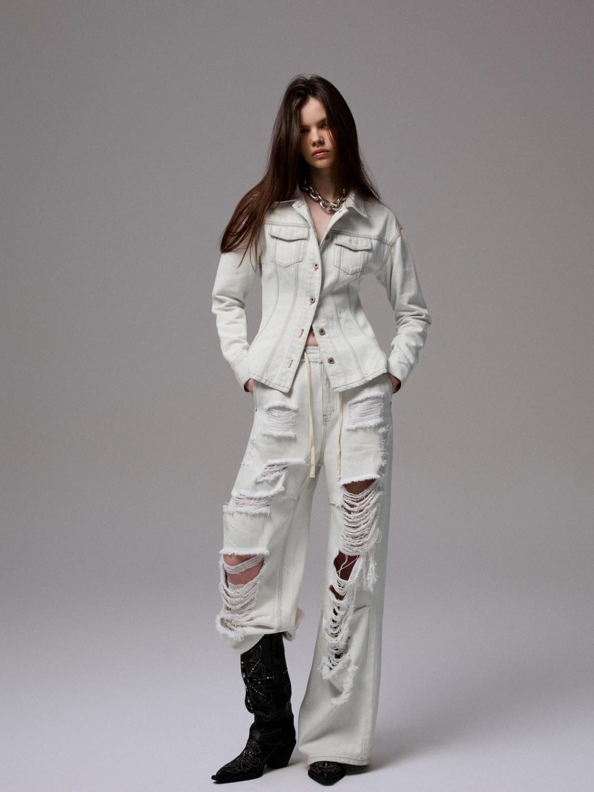 1JINN STUDIO Distressed Ripped Casual Loose Low Rise Women Cotton Zipper Wide Leg Pants