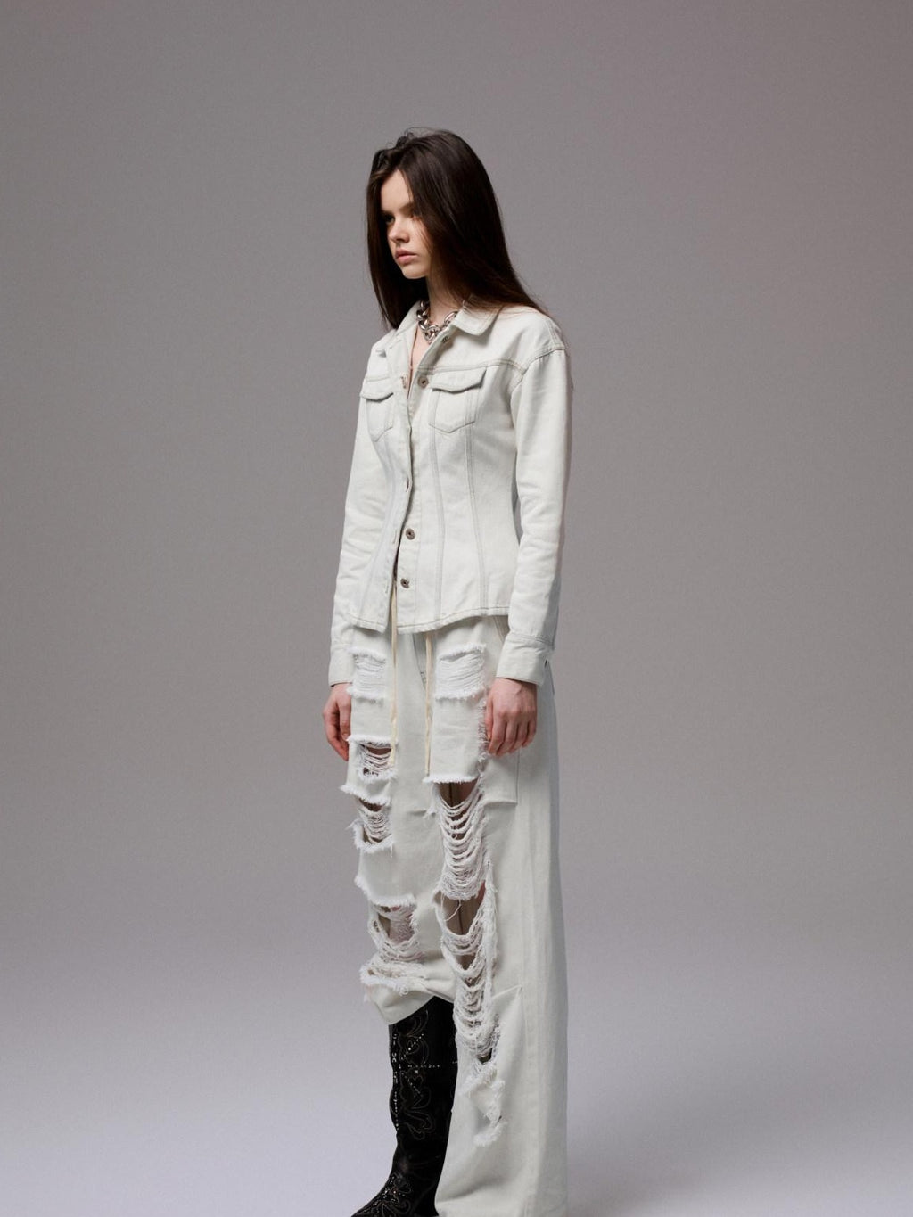 1JINN STUDIO Distressed Ripped Casual Loose Low Rise Women Cotton Zipper Wide Leg Pants
