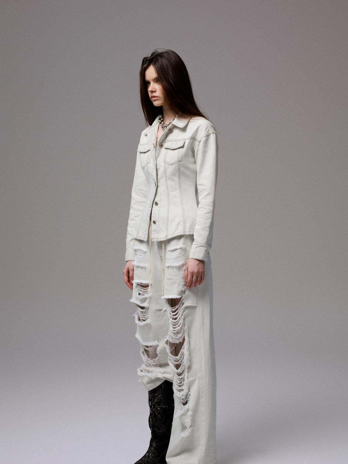 1JINN STUDIO Distressed Ripped Casual Loose Low Rise Women Cotton Zipper Wide Leg Pants