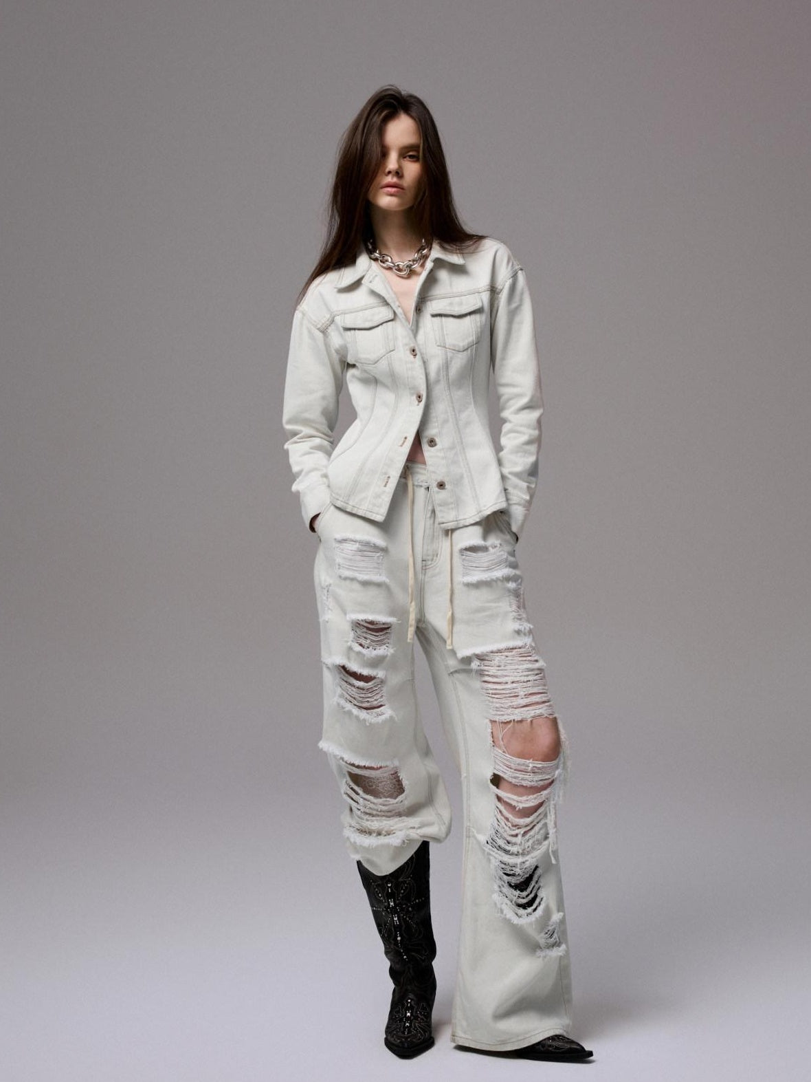 1JINN STUDIO Distressed Ripped Casual Loose Low Rise Women Cotton Zipper Wide Leg Pants
