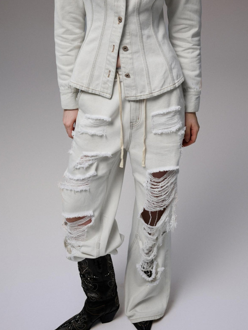 1JINN STUDIO Distressed Ripped Casual Loose Low Rise Women Cotton Zipper Wide Leg Pants