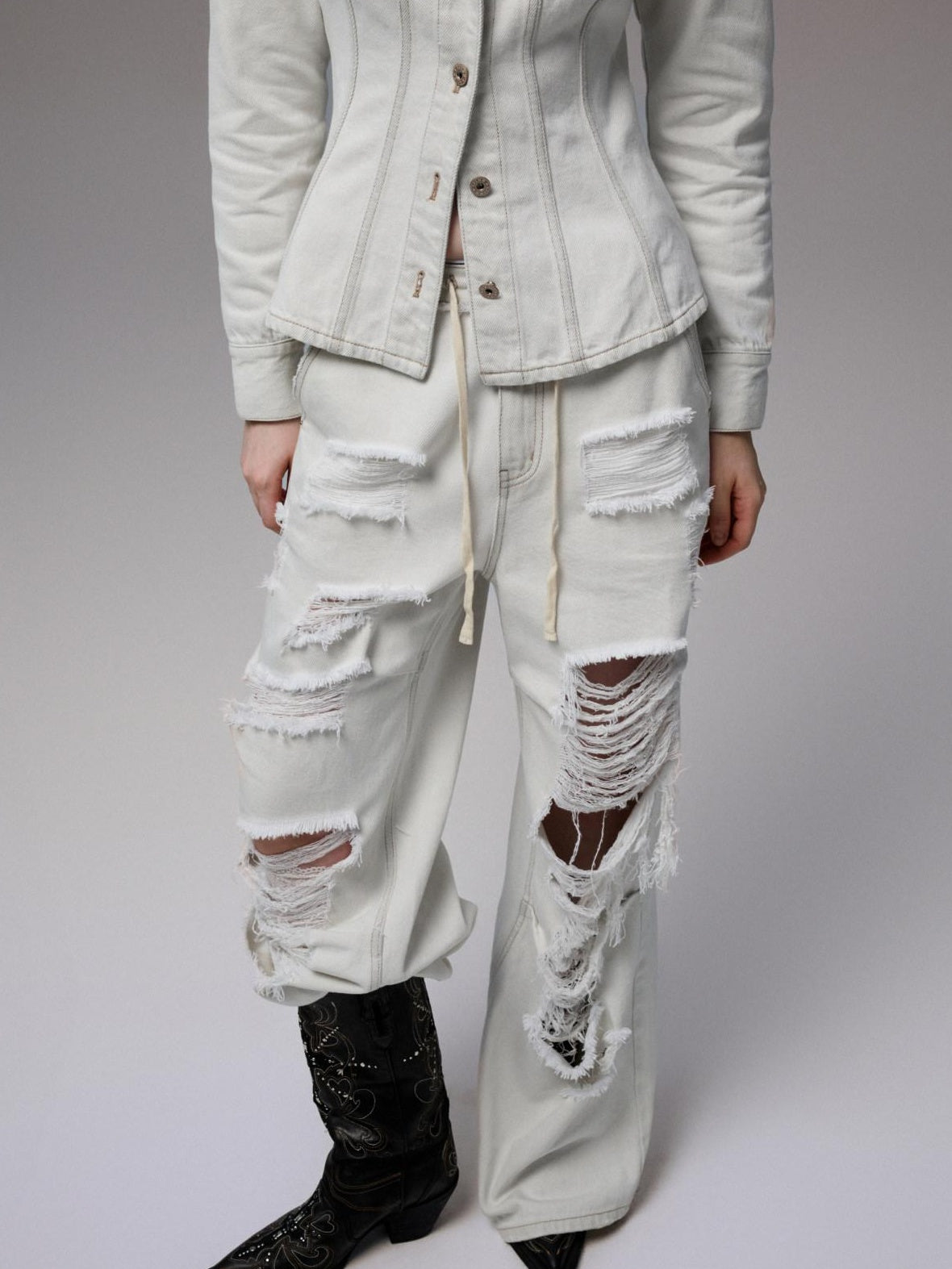 1JINN STUDIO Distressed Ripped Casual Loose Low Rise Women Cotton Zipper Wide Leg Pants