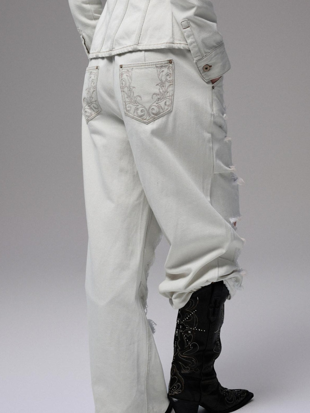 1JINN STUDIO Distressed Ripped Casual Loose Low Rise Women Cotton Zipper Wide Leg Pants