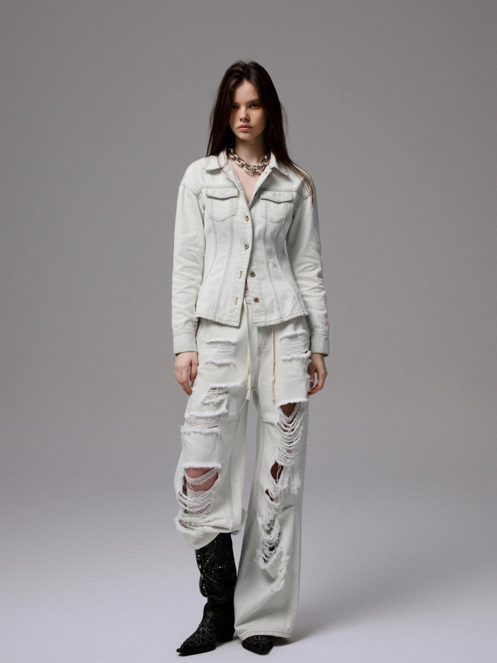 1JINN STUDIO Distressed Ripped Casual Loose Low Rise Women Cotton Zipper Wide Leg Pants