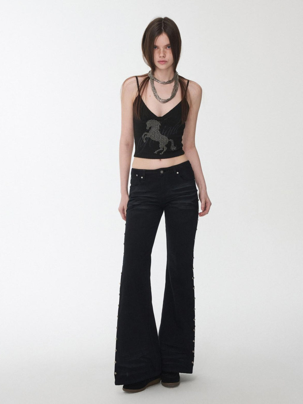 1JINN STUDIO Distressed Studded Low Rise Slim Fit Cotton Women Casual Zip Fly Flared Jeans