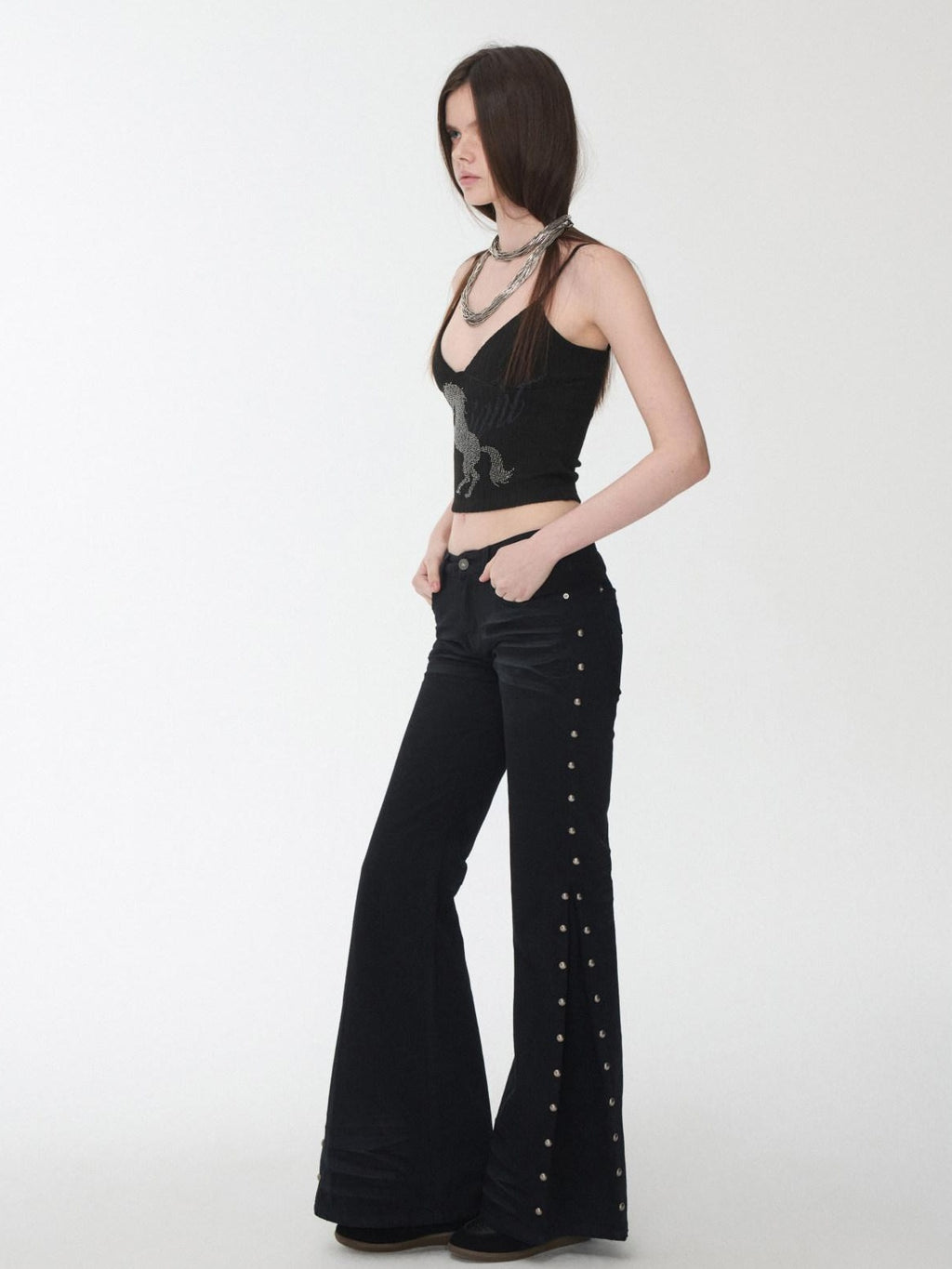 1JINN STUDIO Distressed Studded Low Rise Slim Fit Cotton Women Casual Zip Fly Flared Jeans