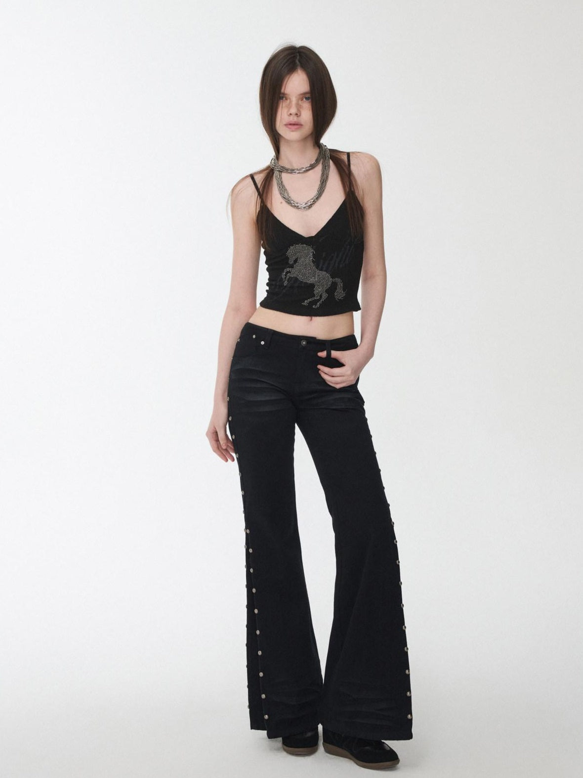 1JINN STUDIO Distressed Studded Low Rise Slim Fit Cotton Women Casual Zip Fly Flared Jeans