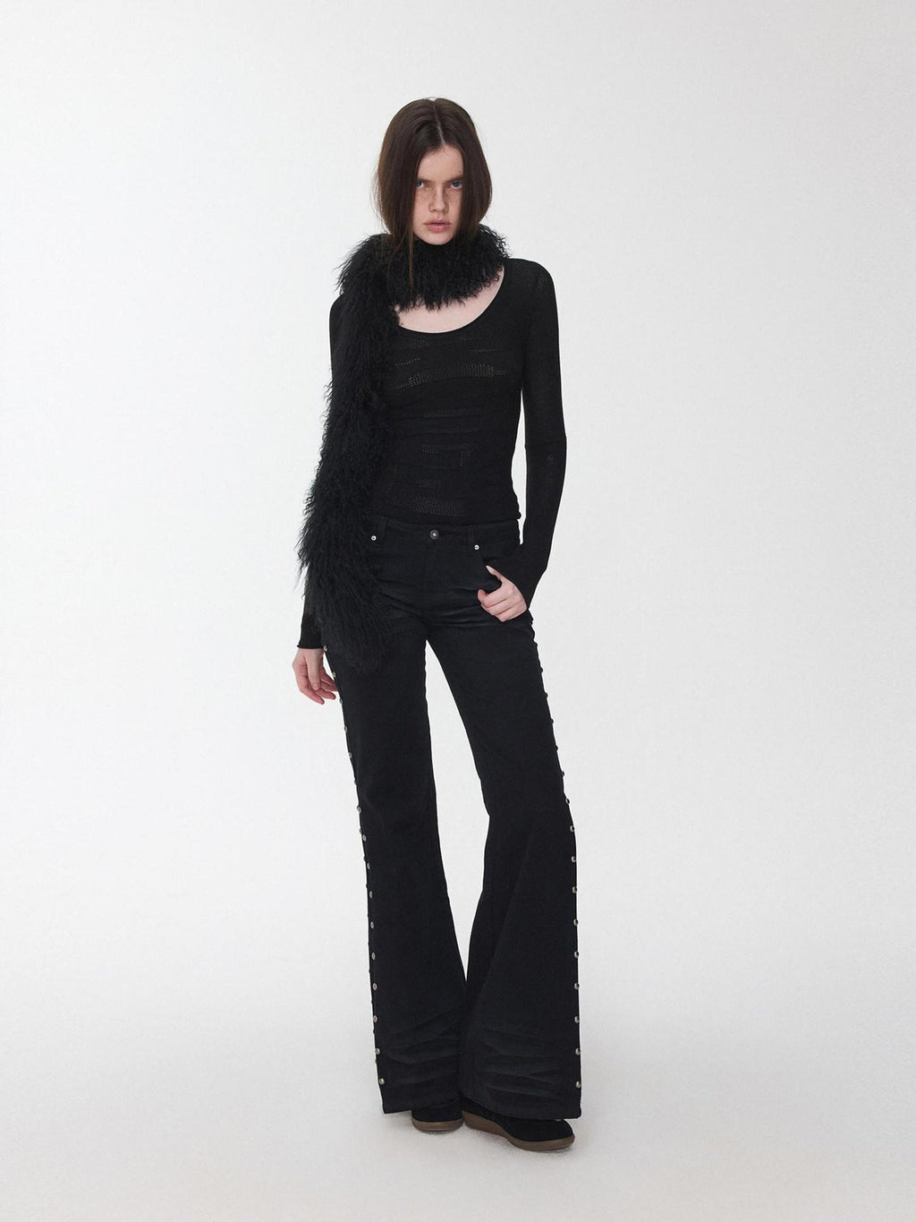 1JINN STUDIO Distressed Studded Low Rise Slim Fit Cotton Women Casual Zip Fly Flared Jeans