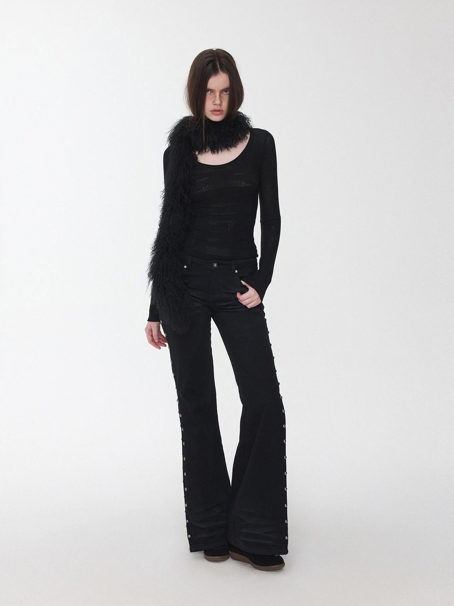 1JINN STUDIO Distressed Studded Low Rise Slim Fit Cotton Women Casual Zip Fly Flared Jeans
