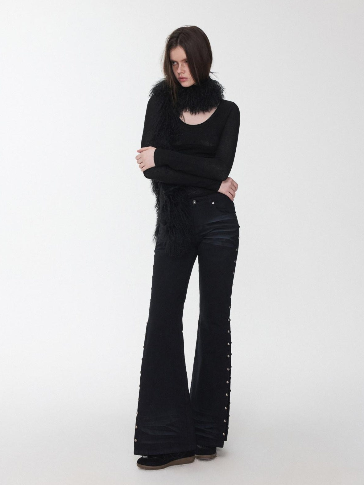 1JINN STUDIO Distressed Studded Low Rise Slim Fit Cotton Women Casual Zip Fly Flared Jeans