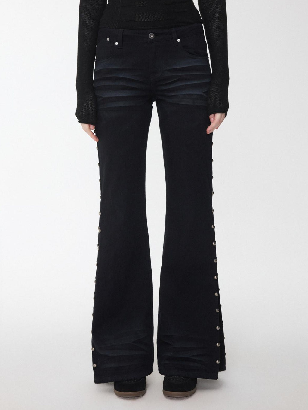 1JINN STUDIO Distressed Studded Low Rise Slim Fit Cotton Women Casual Zip Fly Flared Jeans