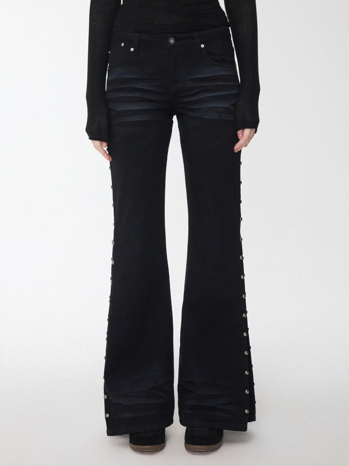 1JINN STUDIO Distressed Studded Low Rise Slim Fit Cotton Women Casual Zip Fly Flared Jeans