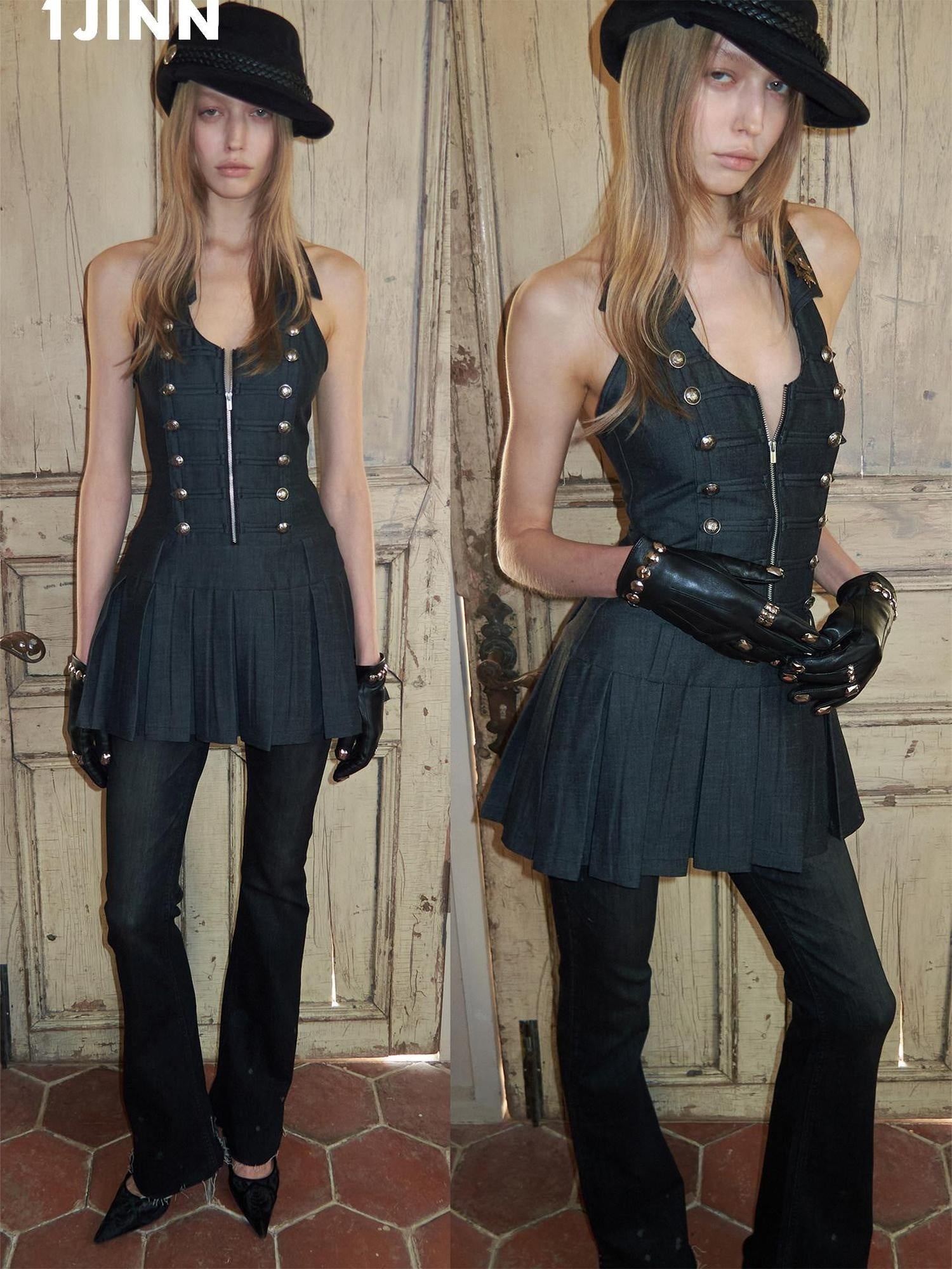 1JINN STUDIO Double Breasted Pleated Regal Collar Fitted Sleeveless Women Casual Mini Dresses