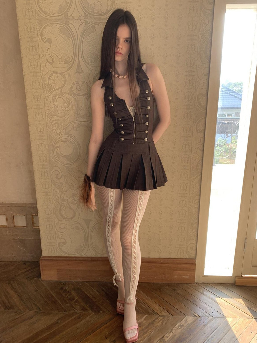 1JINN STUDIO Double Breasted Pleated Regal Collar Fitted Sleeveless Women Casual Mini Dresses