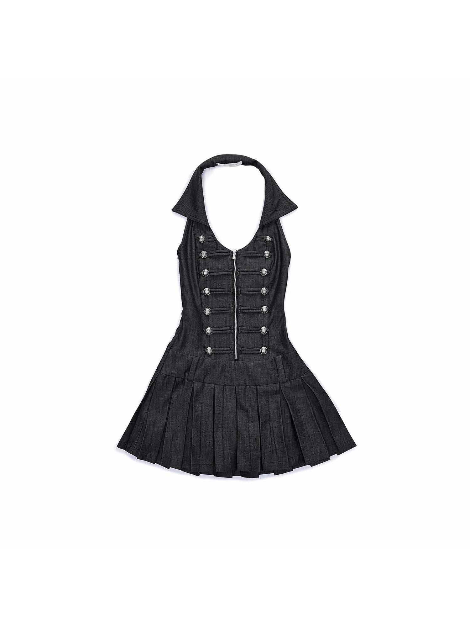 1JINN STUDIO Double Breasted Pleated Regal Collar Fitted Sleeveless Women Casual Mini Dresses