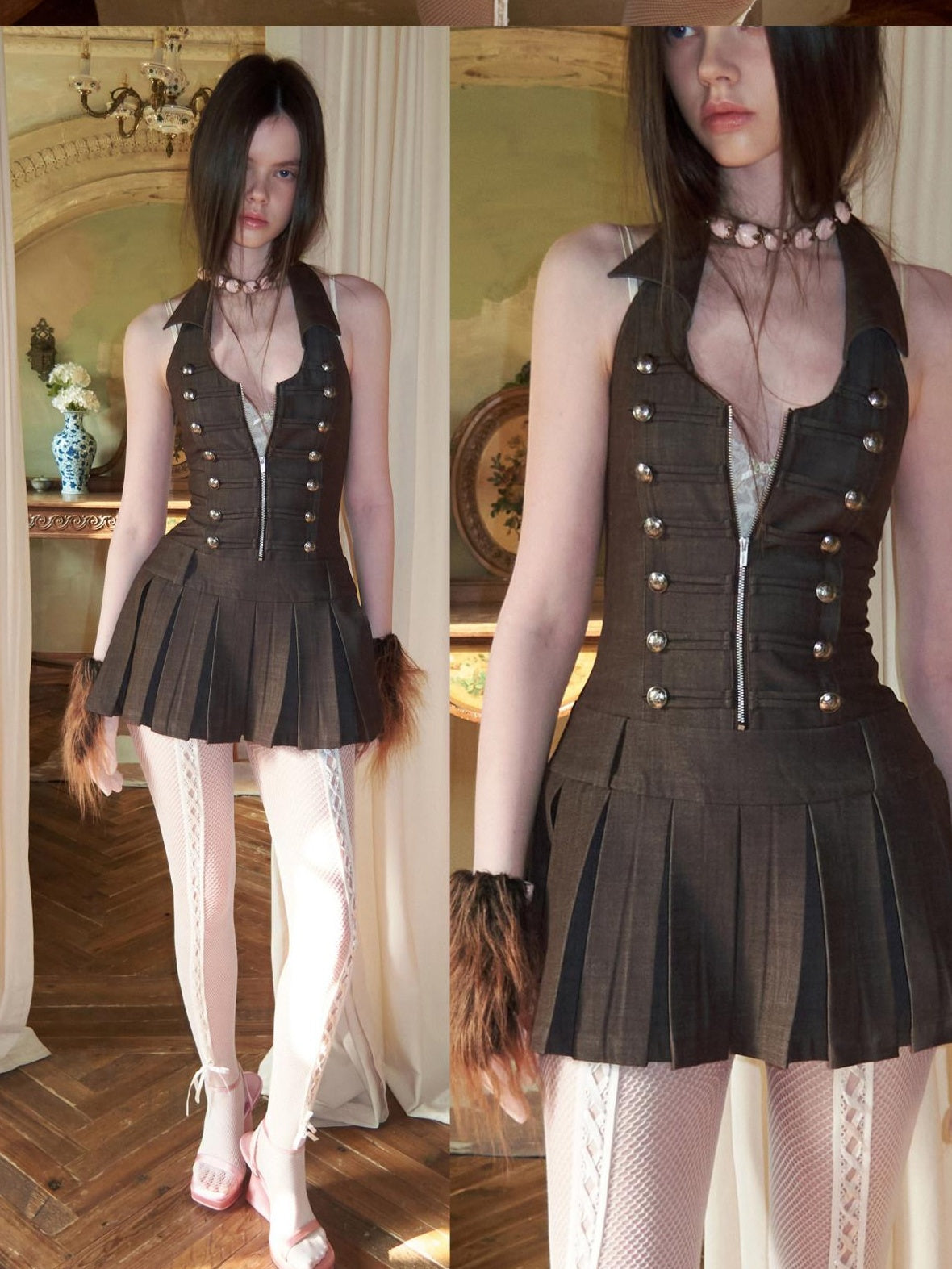 1JINN STUDIO Double Breasted Pleated Regal Collar Fitted Sleeveless Women Casual Mini Dresses