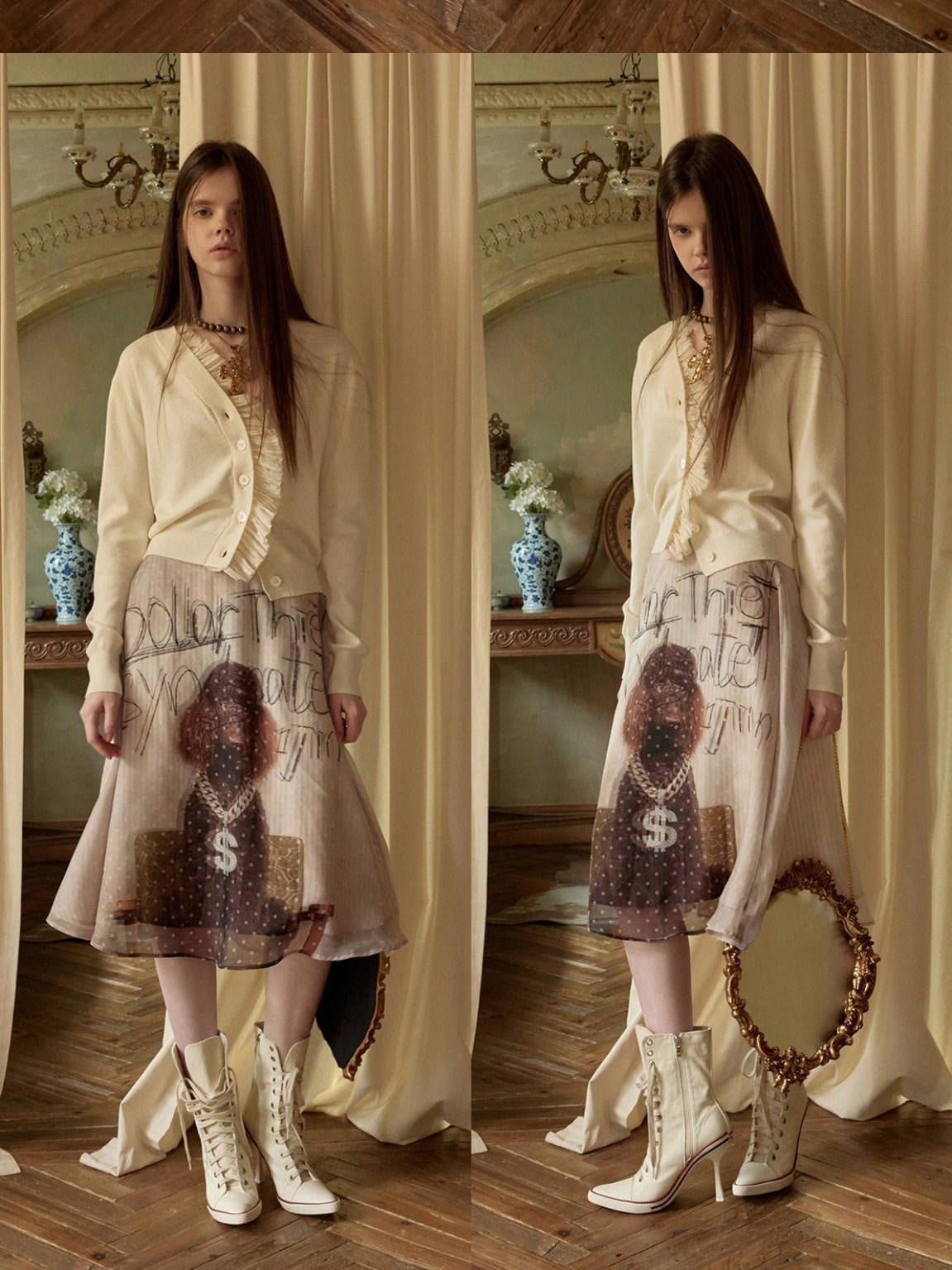 1JINN STUDIO Double Layer Minimal Slim Hline Low Waist Women Casual Dog Print Midi Skirts