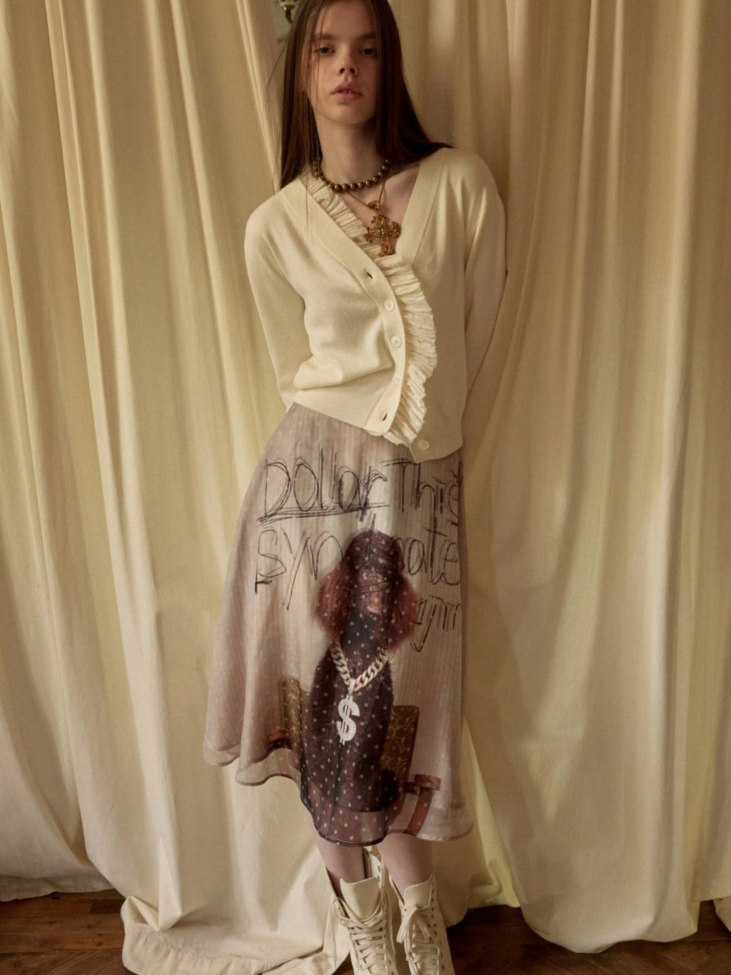 1JINN STUDIO Double Layer Minimal Slim Hline Low Waist Women Casual Dog Print Midi Skirts